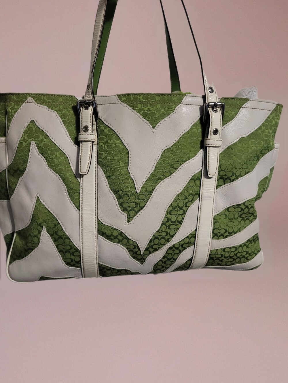 Coach Vintage Green And White Limited Edition Zebra Large Galkery Tote. - Picture 2 of 7